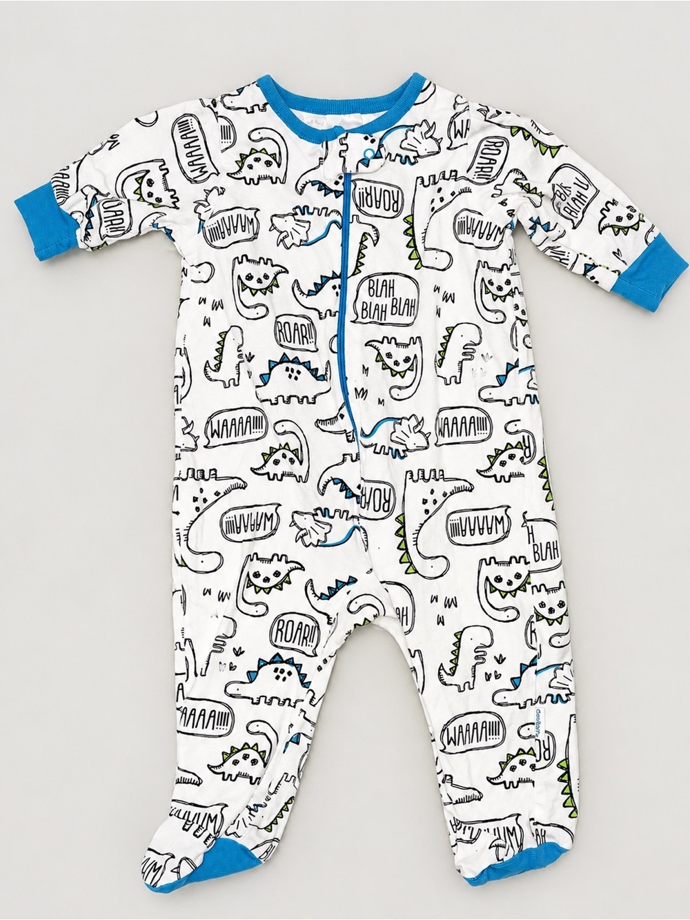 Baby Dino Print One-Piece Sleeper - White with Blue Trim